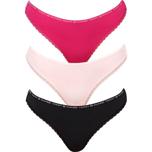 Chiloți tanga Tommy Hilfiger Recycled Micro Lace pentru femei, roz deschis, roz închis, negru, set de 3 Chiloți tanga Tommy Hilfiger Recycled Micro Lace pentru femei, roz deschis, roz închis, negru, set de 3