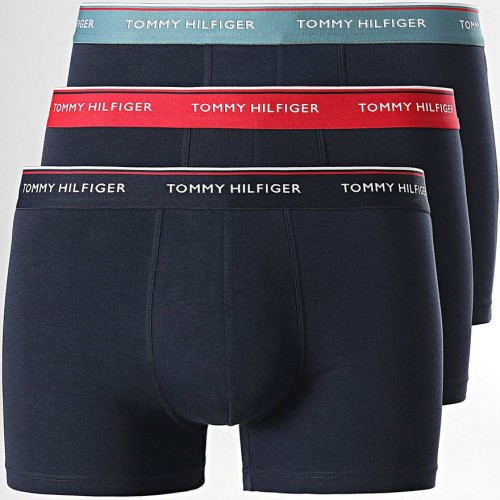 Boxeri pentru Bărbați Tommy Hilfiger Premium Essentials WB Trunk Albastru Închis cu Bandă Neagră, Mentă și Roșie 3-Pack