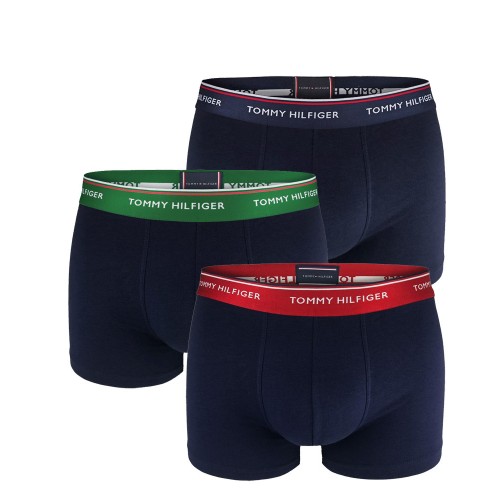Boxeri Bărbătești Tommy Hilfiger Premium Essentials WB Trunk Albastru Închis cu Bandă Neagră, Verde și Roșie 3-Pack